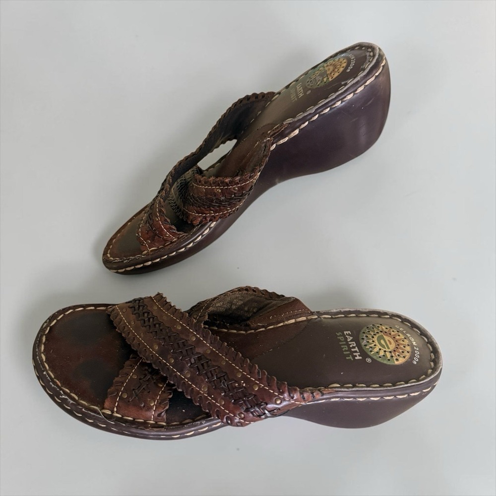 Earth Spirit Gelron 2000 Brown Braided Leather Comfort Wedge Slip On Sandal 8